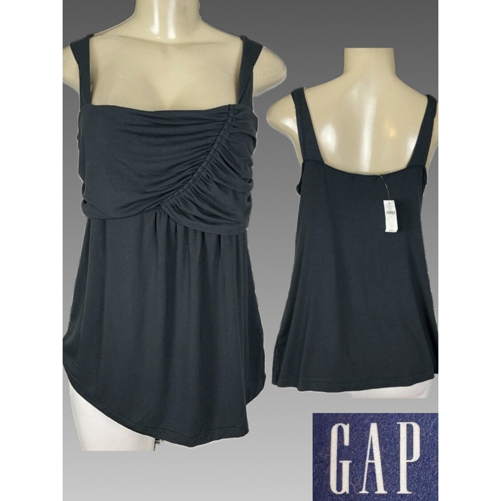 GAP L Dark Gray Ruched Front Square Neckline Tank Top Wide Straps Stretch Knit